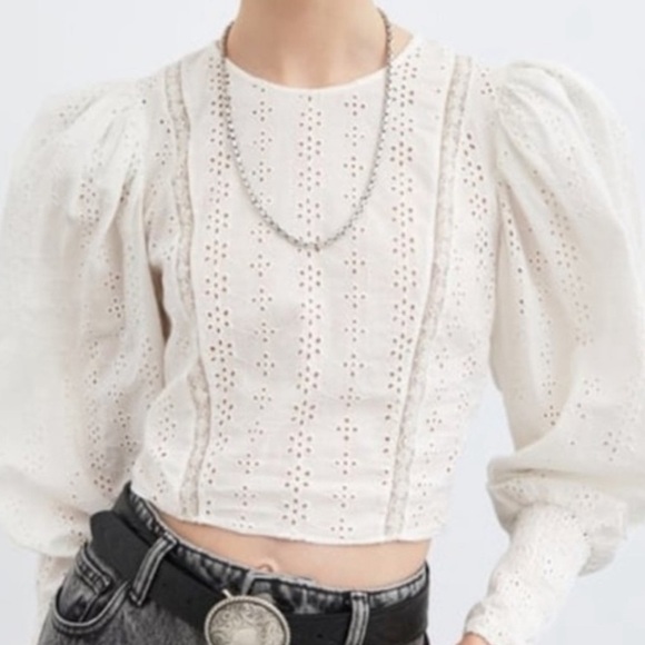 Zara White Puff Sleeve Crop Blouse - Picture 1 of 9